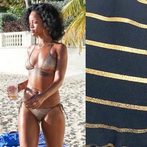 Charlie By MZ Striped Foil Halter String Triangle 2 Piece Bikini Set: Black Gold